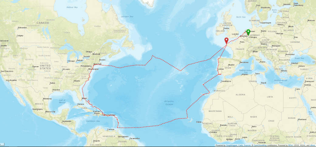 Position 06.07.2018 09:35 UTC Lat: N 48° 16' 53" Long: W 4° 35' 18" Rückkehr nach Camaret-sur-Mer, Frankreichnach 338 Tagen